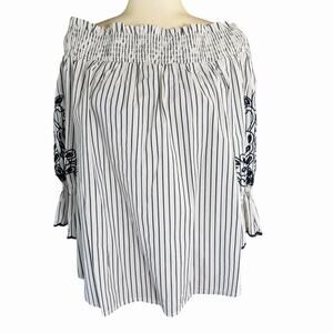 Chico's Shirt 2.5 Womens L White Black Stripe Off Shoulder Embroidered Eyelet